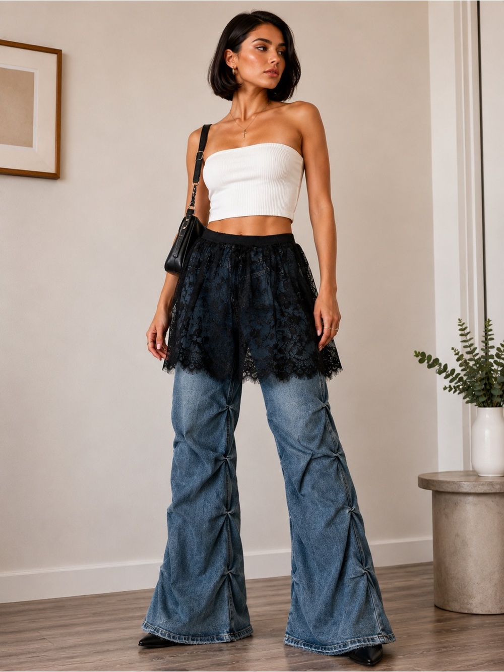 Black Lace-Overlay Wide Leg Jeans